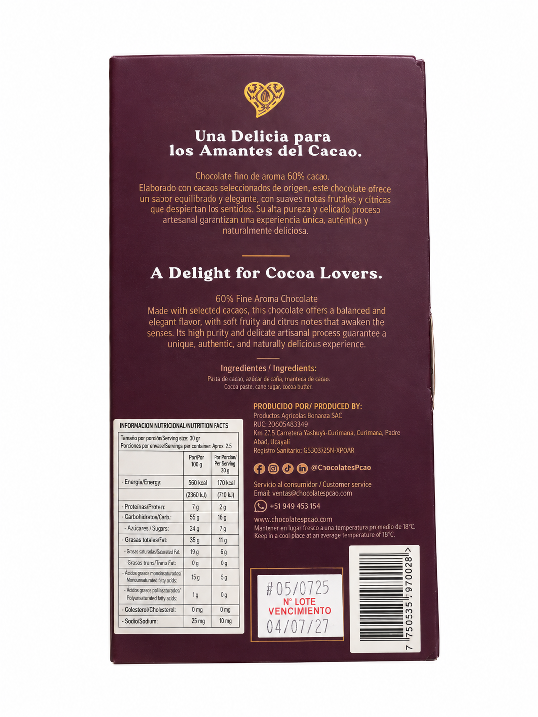 Chocolate amazónico al 60% de cacao - PCAO - Imagen 2