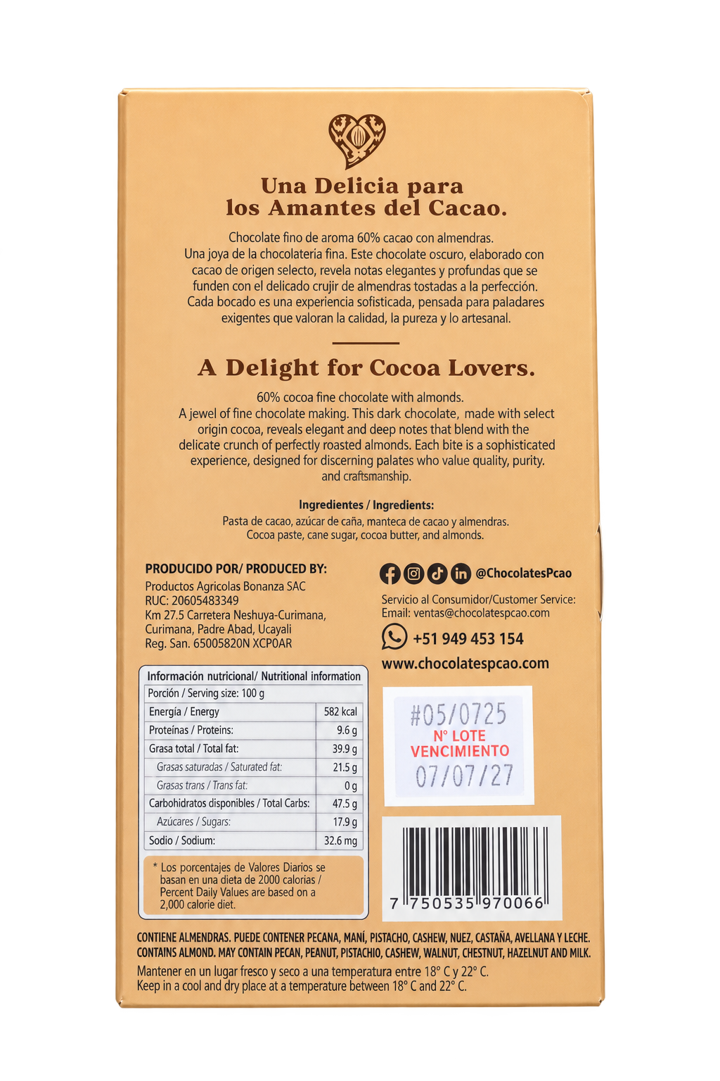 Chocolate oscuro con almendras laminadas 60% Cacao — PCAO - Imagen 2